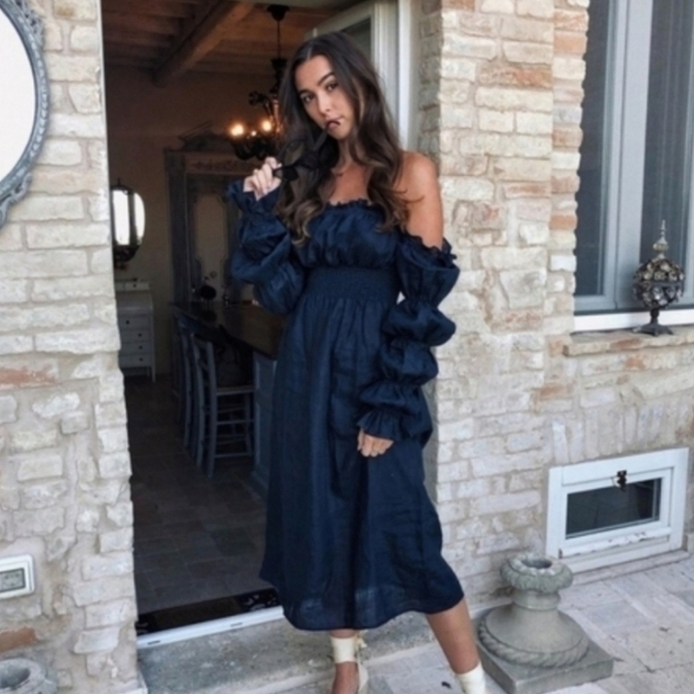 Sleeper Navy Off-Shoulder Ruffled Midi Dress